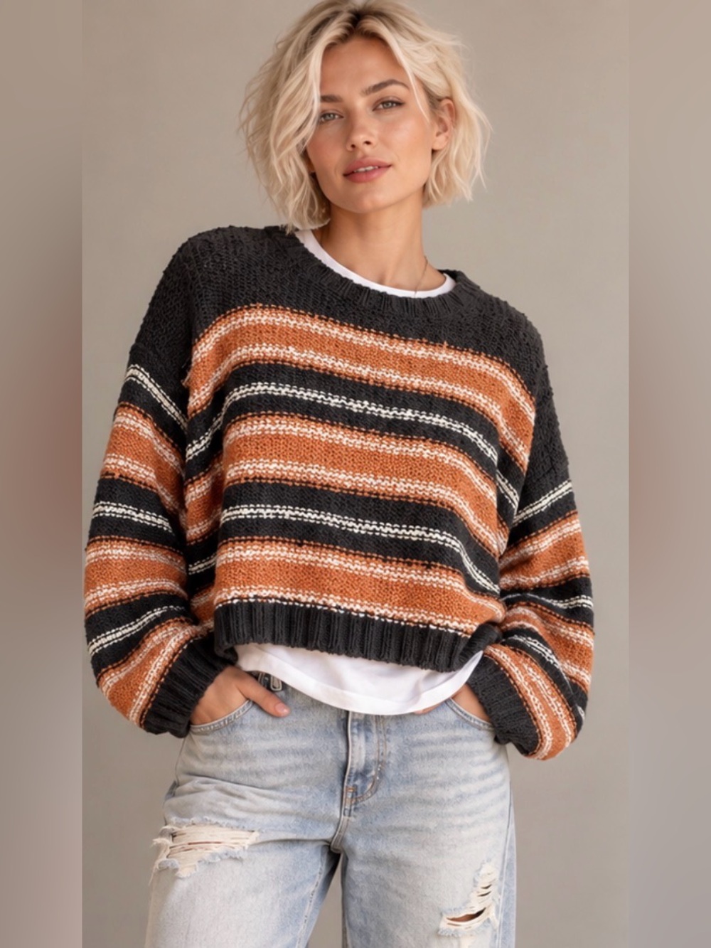 Billabong “She’s a Trip” Striped Cotton Slub Knit Sweater - Oversized.
